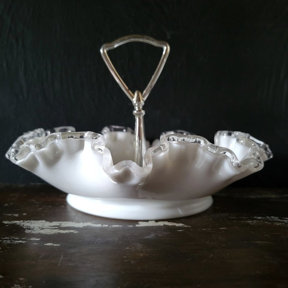 Vintage Fenton Silver Crest 8" Bon Bon Dish with Handle, Candy Dish with Handle